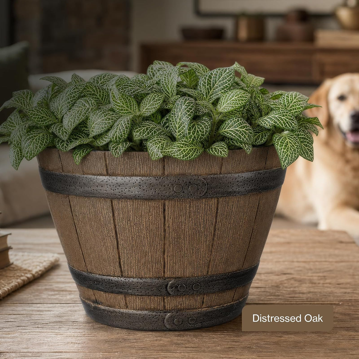 Whiskey Barrel Planter, Distressed Oak, 9" (Durable high density resin construction)