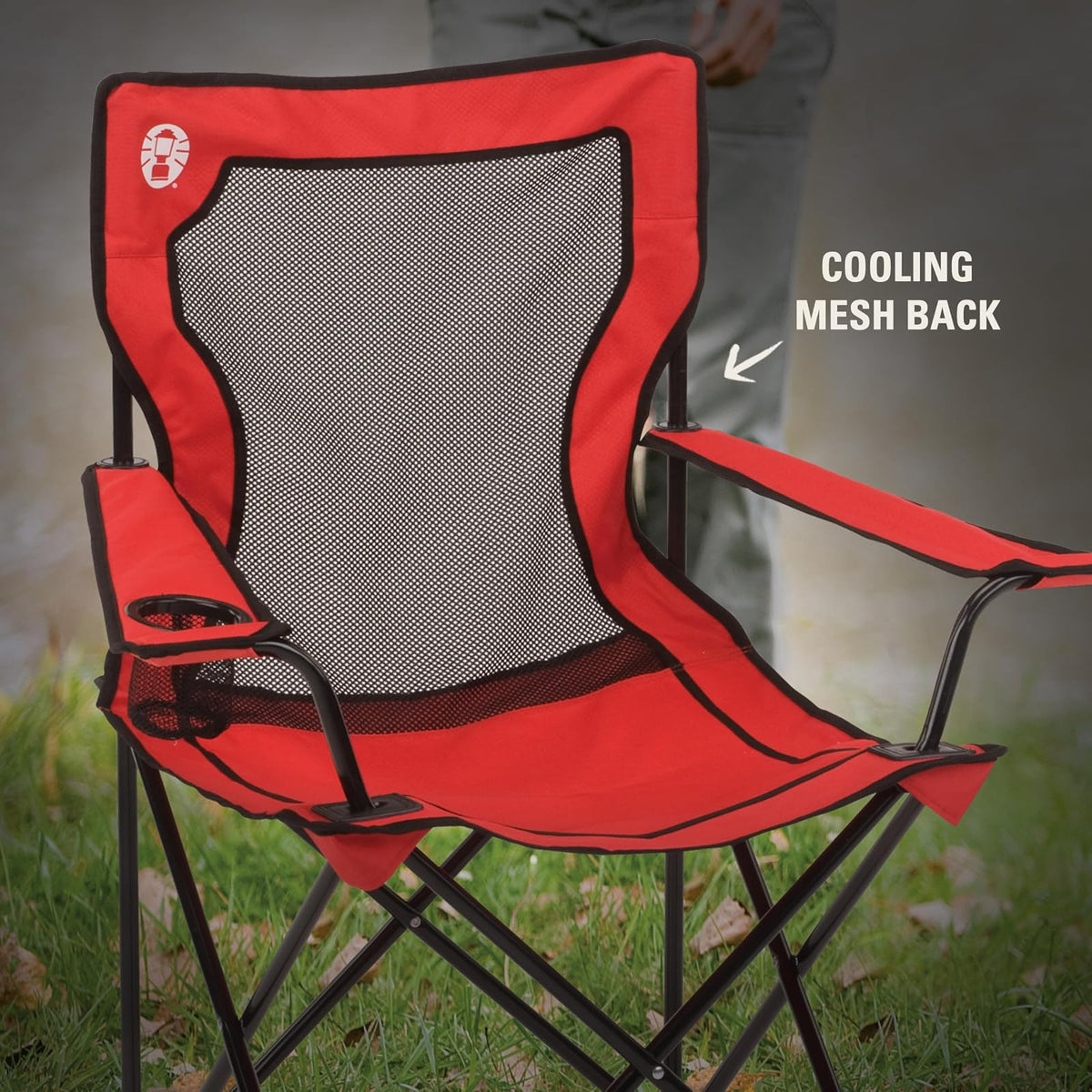 Coleman Silla Quad - Silla de Camping Plegable de Malla con Portavasos y Respaldo de Malla de Nailon, Color Rojo,