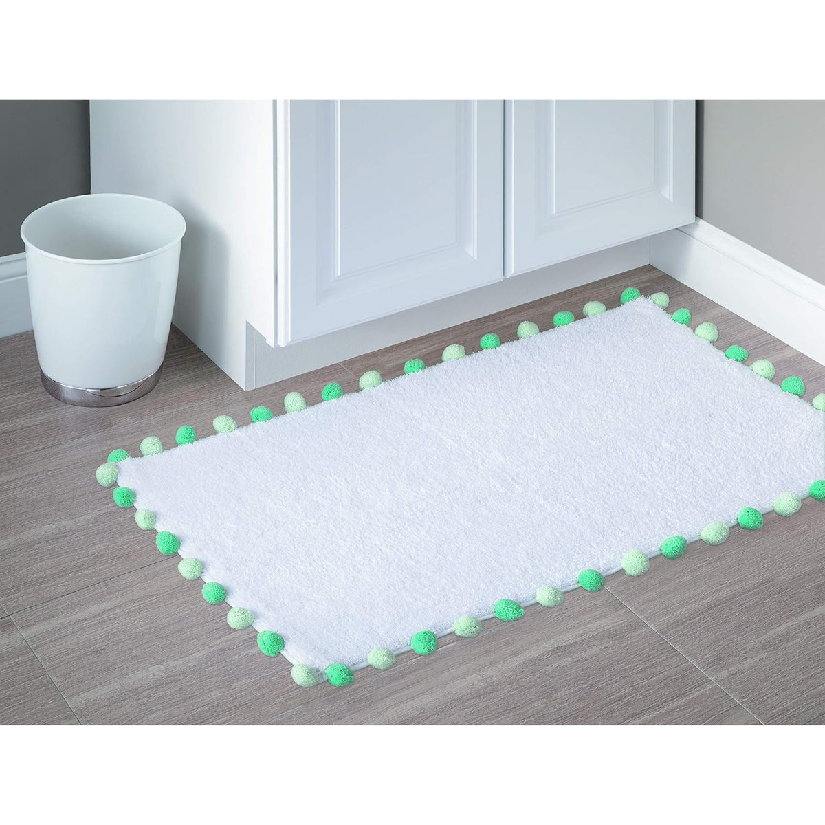 iDesign Pom Cotton Bath Mat, Shower Accent Rug for Master, Guest, and Kids' Bathroom, 21" x 34", White and Blue