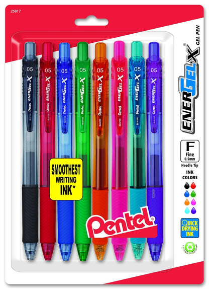 Pentel EnerGel-X Bolígrafo retráctil de tinta líquida en Gel, 0.5 mm, punta de aguja, tinta surtida, paquete de 8