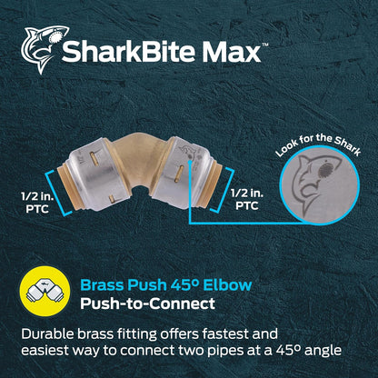 SharkBite Max Codo de 1/2 pulgada de 45 grados, empuje para conectar el accesorio de fontanería de latón, tubería PEX, cobre, CPVC, PE-RT, HDPE, UR648A