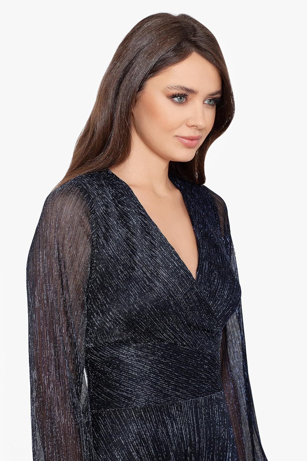 Betsy & Adam Vestido Cruzado metálico de Manga Larga con Cuello en V Vestido para ocasión Especial Mujer