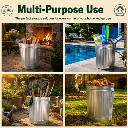cubeta de basura de acero galvanizado redondo jardinizado, de 7 galones con tapa, cubeta de metal duradero para uso en patio, césped, jardín y patio, bote de basura resistente a la intemperie para