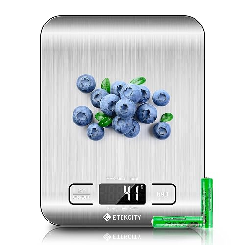 Etekcity Báscula de Cocina Digital de Precisión, Balanza Cocina de Acero Inoxidable 5 kg/ 11 lbs, Peso Cocina Multifuncional, Pantalla LCD, 2 Baterías Incluidas