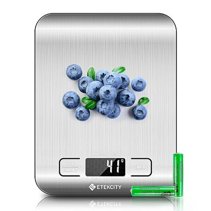 Etekcity Báscula de Cocina Digital de Precisión, Balanza Cocina de Acero Inoxidable 5 kg/ 11 lbs, Peso Cocina Multifuncional, Pantalla LCD, 2 Baterías Incluidas