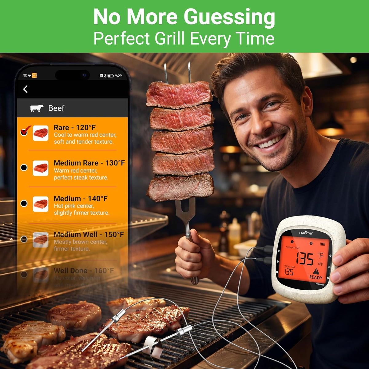 NutriChef Smart Bluetooth barbacoa termómetro w/pantalla digital - inoxidable Dual sondas seguro a dejar en al aire libre barbacoa carne ahumador - PWIRBBQ80