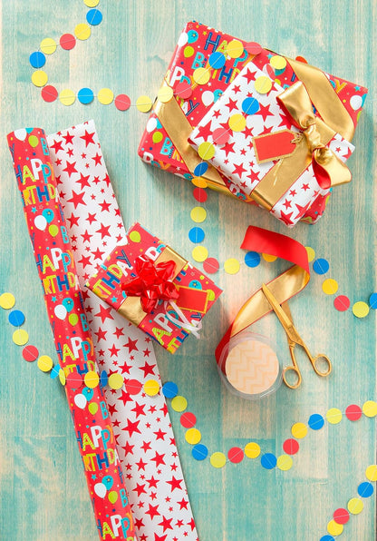 American Greetings 175 sq. Papel de regalo reversible, para cumpleaños, letras de feliz cumpleaños y estrellas (1 rollo jumbo, 30 pulgadas x 70 pies)