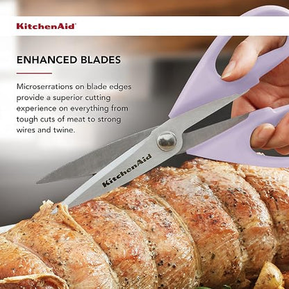 KitchenAid - Tijeras de cocina multiusos con funda protectora, tijeras duraderas de acero inoxidable, aptas para lavaplatos, mango cómodo de agarre suave, 8.72 pulgadas, color crema lavanda