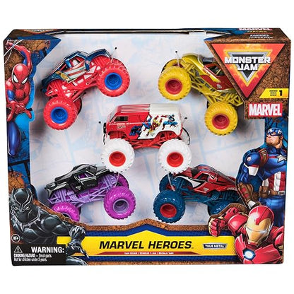 Monster Jam Marvel Heroes, Paquete de 5, Spider-Man, Black Panther, Iron Man, Captain America | Vehículos de Metal, Juguetes para niños y niñas a Partir de 3 años