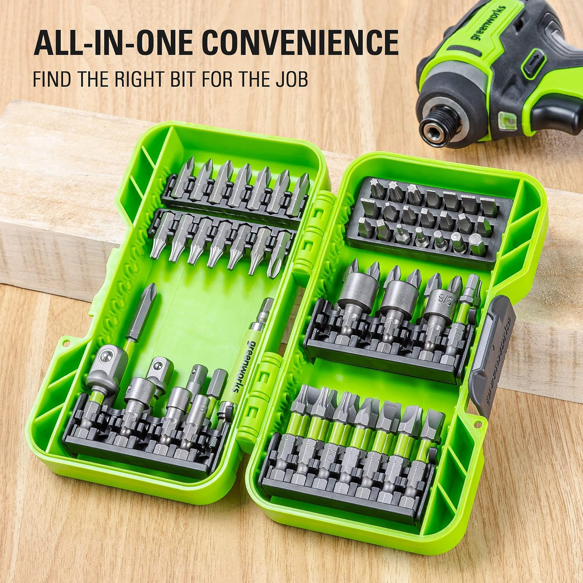Greenworks Juego de 70 piezas de conducción con clasificación de impacto, juego de puntas de destornillador, broca fresada de precisión, funda modular, soporte magnético para brocas