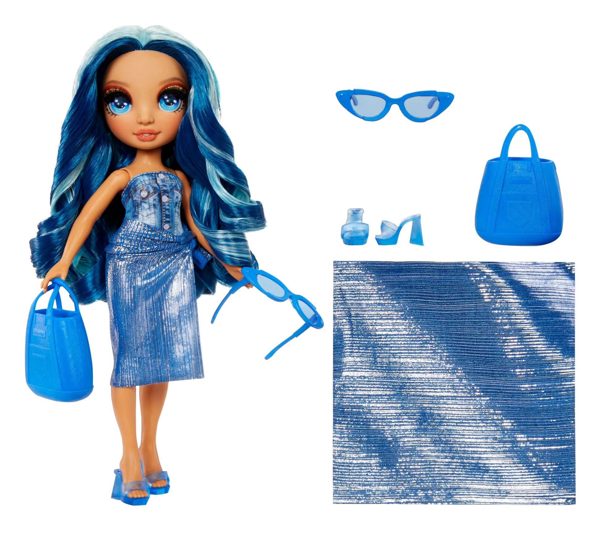Rainbow High Swim & Style - Skyler (Azul) - Muñeca de 28 cm con Pareo para más de 10 Estilos - Traje de baño removible, Sandalias, Accesorios - para niños y niñas - Edades: 4-12 años
