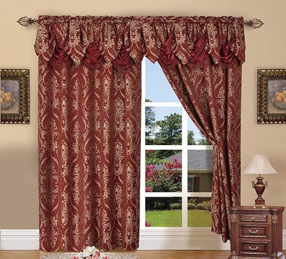 Elegant Comfort Penelopie Jacquard Look Curtain Panel Set with Attached Waterfall Valance, Set of 2, 54x84 Inches, Burgundy