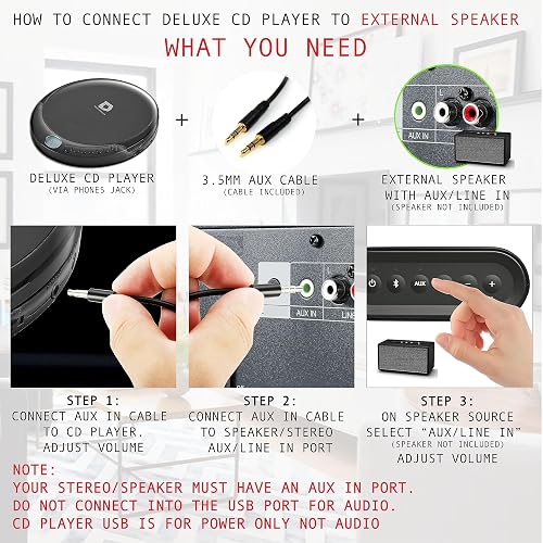 Deluxe Products Reproductor de CD portátil con 60 Segundos antisaltos, Auriculares estéreo, Incluye Cable Auxiliar y Cable de alimentación USB de CA para Uso en casa o en Automóvil
