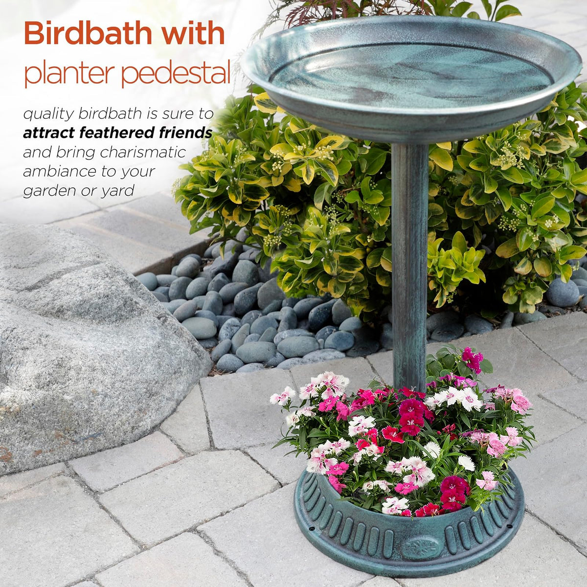 Alpine Corporation Estatua de Baño de Pájaros para Exteriores de 25" de Alto con Maceta, Verde