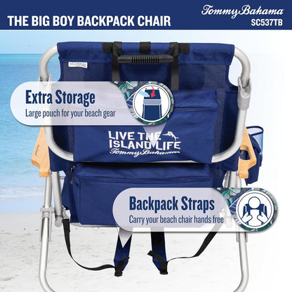 Tommy Bahama Big Boy - Mochila Plegable de 4 Posiciones para Asiento Alto de 13 Pulgadas, Silla de Playa o Camping, Aluminio, Azul Marino