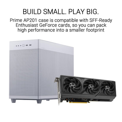 ASUS Prime AP201 White MicroATX Edición de vidrio templado compatible con tarjetas gráficas de hasta 338 mm, enfriadores de 360 mm y PSU ATX estándar, paneles laterales sin herramientas, panel lateral