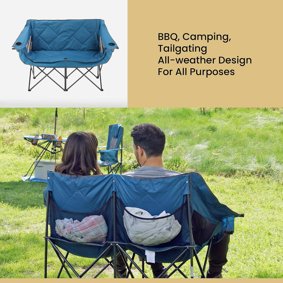 Arrowhead Outdoor - Sofá de Cama Doble Plegable portátil con 2 Tazas y Soporte para Copas de Vino, Bolsa de Transporte Resistente, Asientos Acolchados y apoyabrazos, soporta hasta 500 Libras, Soporte