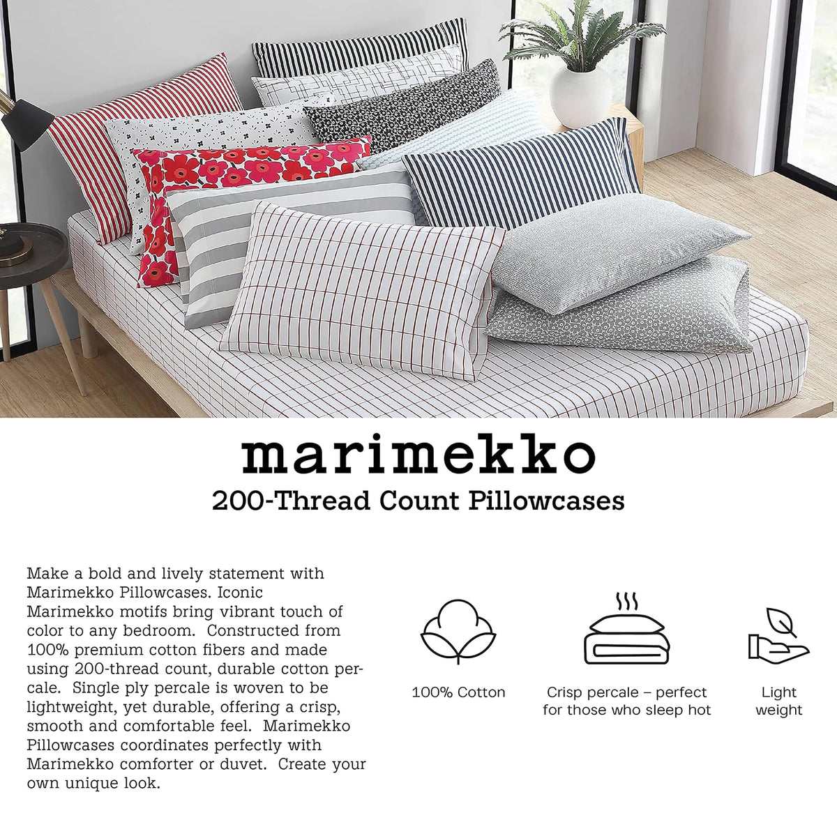 MARIMEKKO - Juego de sábanas de algodón percal para decoración del hogar (Pikkuinen Unikko Negro, matrimonial)