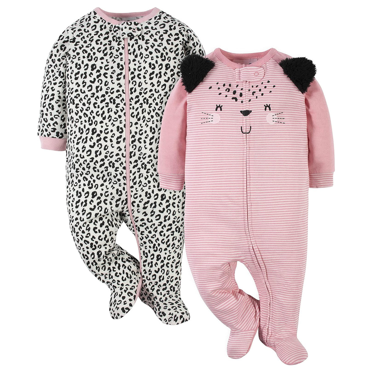 Gerber Paquete de 2 Pijamas con Pies para Bebés Niñas - Leopardo Rosa - Negro - 3-6 Meses