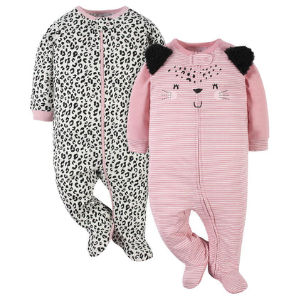Gerber Paquete de 2 Pijamas con Pies para Bebés Niñas - Leopardo Rosa - Negro - 3-6 Meses