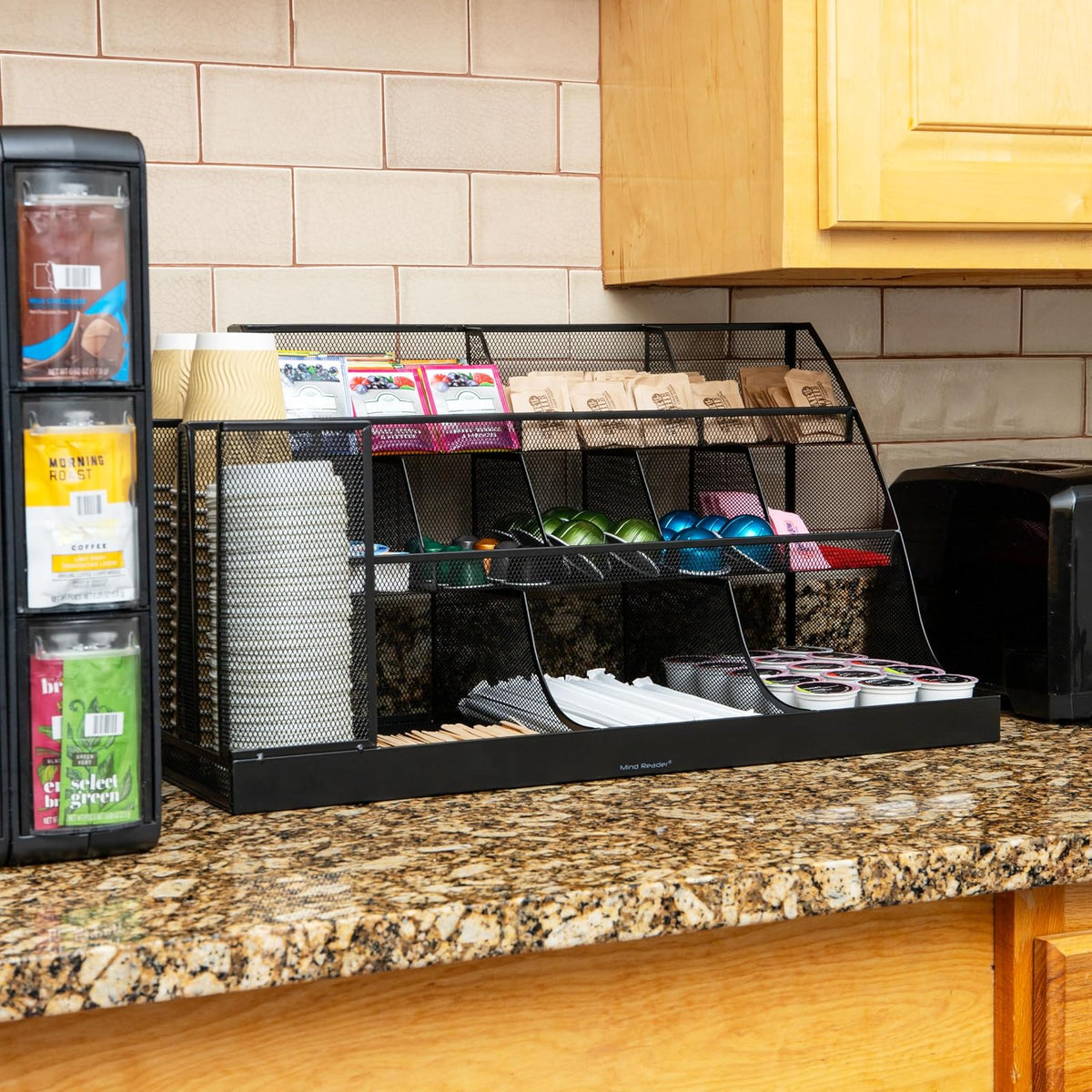 Mind Reader Cup and Condiment Station, Countertop Org, Coffee Bar, Kitchen, Metal Mesh, 23.75"L x 11.5"W x 12.5"H, Black