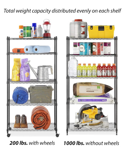 Whitmor - Estantería Suprema de 5 Niveles, estantes de Almacenamiento de Metal, Estante Ajustable Resistente con Ruedas, Capacidad de 400 Libras por Estante, 2000 Libras en Total para despensa
