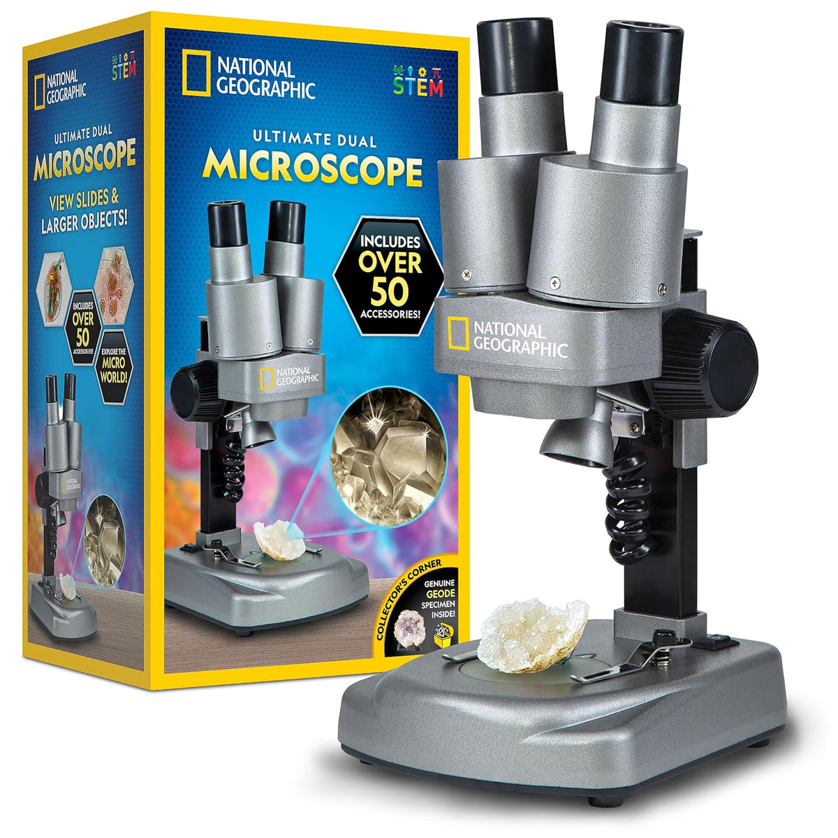 National Geographic - Microscopio dual con más de 50 accesorios | Iluminación LED dual, 10 diapositivas preparadas, 10 diapositivas en blanco, más de 50 piezas, experimentos de biología