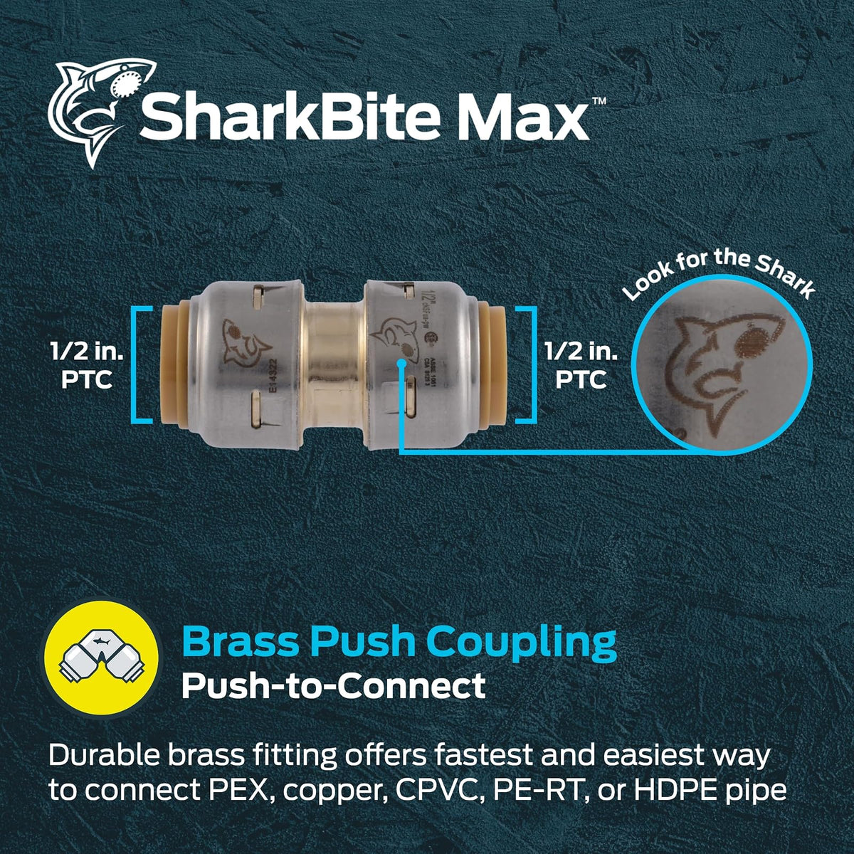 SharkBite Max - Acoplamiento de 1/2 pulgadas, ajuste de fontanería de latón a presión para conectar, tubería PEX, cobre, CPVC, PE-RT, HDPE, UR008A