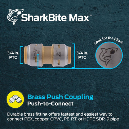SharkBite Max 3/4 pulgadas Acoplamiento de latón a presión para conectar, tubería PEX, cobre, CPVC, PE-RT, HDPE, UR016A