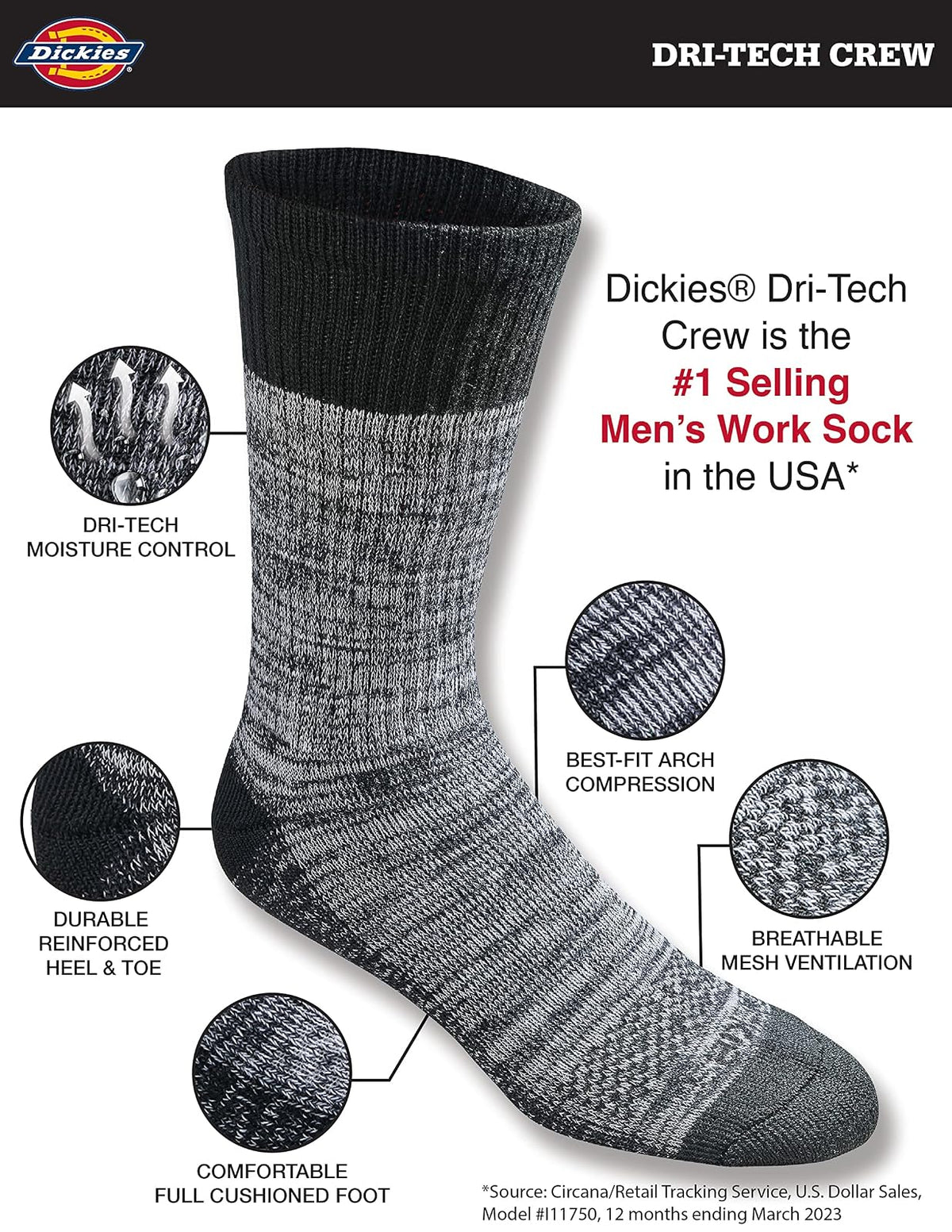 Dickies Dritech Advanced - Calcetín para mujer, absorbe la humedad, paquete de 6