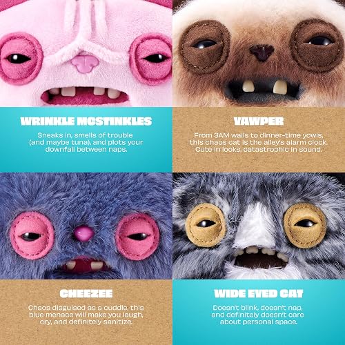 Fuggler Gato Callejero Llavero de Peluche de 12.7 cm Coleccionable (Paquete de 6) de ZURU Divertido Monstruo Feo con Diseño de Gato Callejero Travieso, Dientes Característicos y Llavero de Clip para