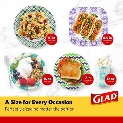 Glad Tabletop Round Disposable Paper Plates With Palm Leaves Design, 10 Inches, 50 Count