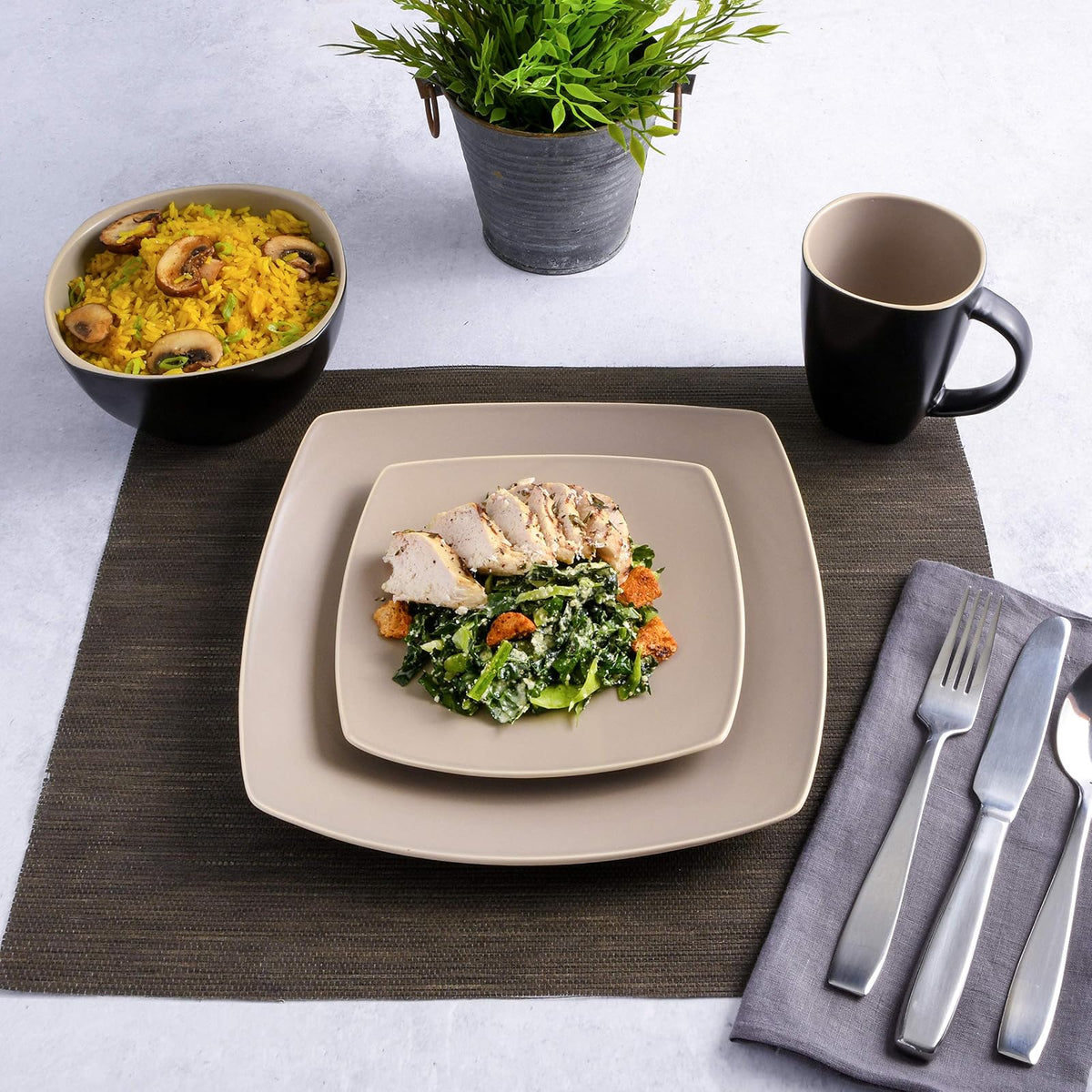 Gibson Overseas Gibson Home 102264.16RM Soho Lounge Square 16-Piece Dinnerware Set Service of 4, Stoneware, Taupe Matte