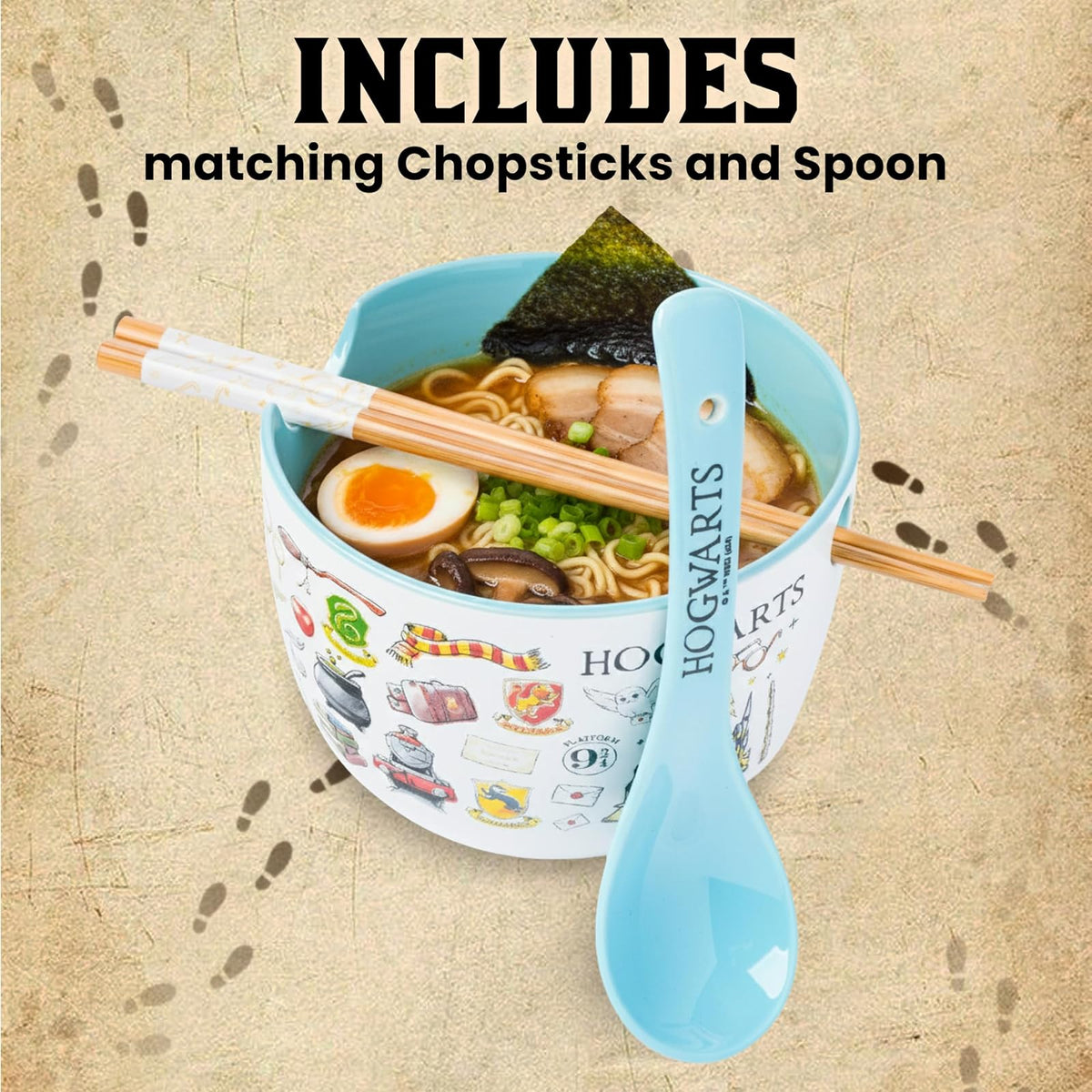 Silver Buffalo Harry Potter Hogwarts Destination - tazón de cerámica de ramen de 20 onzas con palillos y cuchara