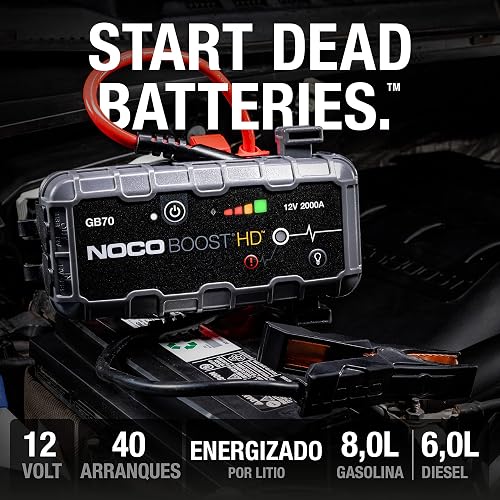 NOCO Boost GB70: Arrancador de batería de Auto 2000A – Booster de Litio portátil 12V, Power Bank y Cables para Pasar Corriente – para Motores de Gasolina hasta 8.0L y diésel hasta 6.0L