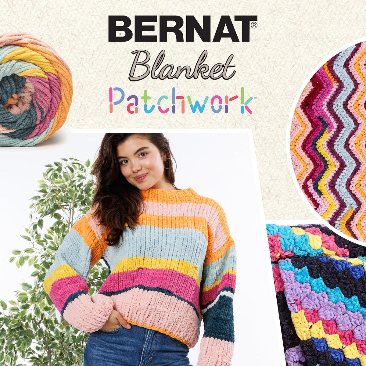 Bernat - Toalla de playa con diseño de patchwork, paquete de 2 unidades de 300 g, 100% poliéster, #6, súper voluminosa, 220 yardas, tela/ganchillo