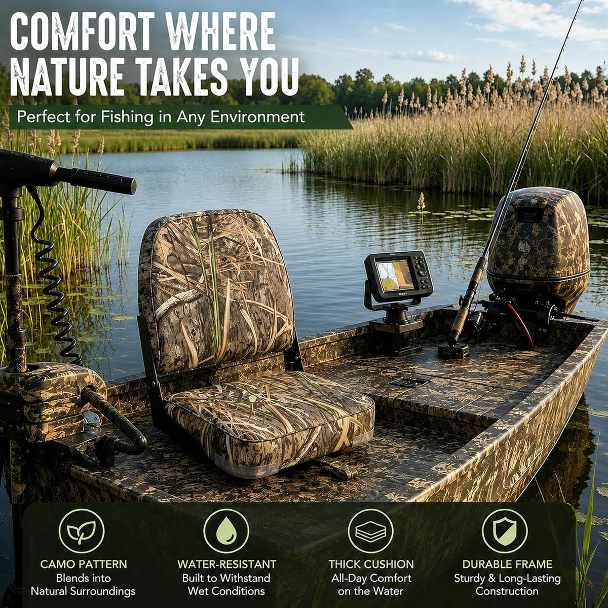 ERGOSEAT Asiento Acolchado Plegable con Respaldo para Bote Jon Camuflaje Max4
