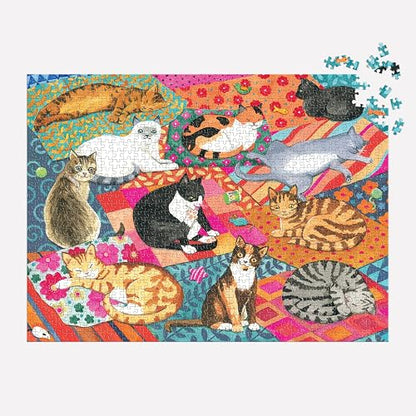 Galison Lounging Cats - Rompecabezas de 1000 Piezas con Hermosas Obras de Arte de una Variedad de Amigos felinos descansando en Coloridos edredones