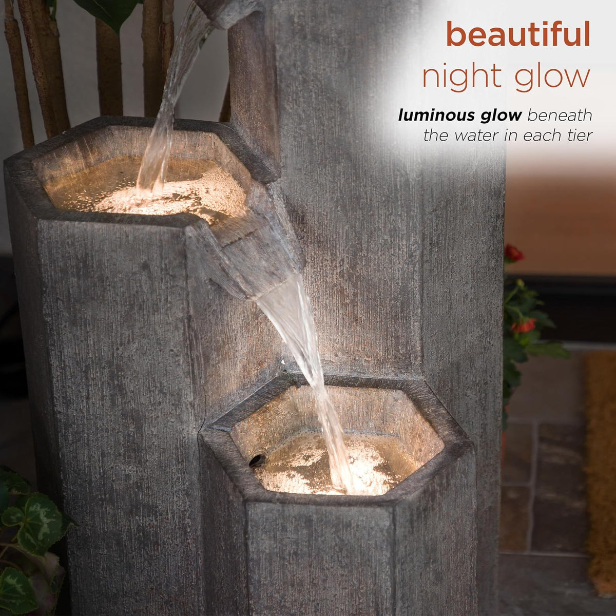 Alpine Corporation GIL1480 Fuente Cascada Hexagonal de Piso para Exteriores, Fuente de Agua Moderna de Piedra Envejecida de 25", Gris