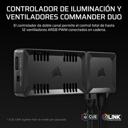 CORSAIR COMMANDER DUO iCUE LINK RGB Controlador del Ventilador y de Iluminación – Controla 12 Ventiladores Mediante Cadena Tipo Daisy-Chain PWM, Dos Sensores de Temperatura Flexibles Incluidos – Negro