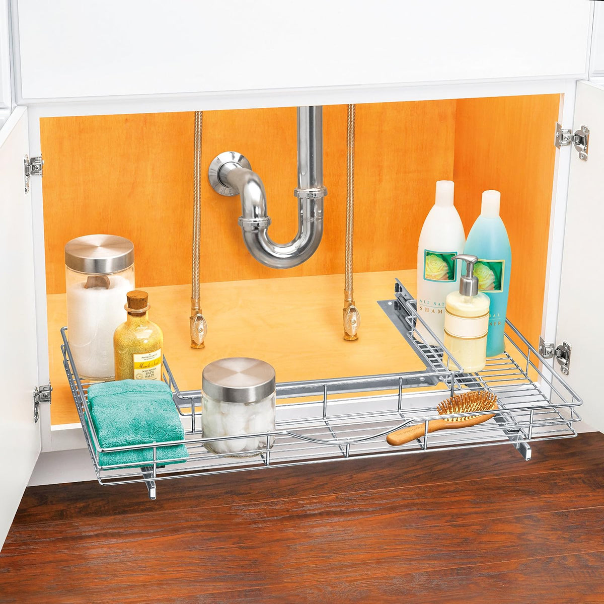 Lynk Organizador de clóset de baño para colocar bajo el lavabo profesional con ruedas – Dos cajones extraíbles con estante deslizante – 29,2 cm ancho x 45,7 cm profundo – Cromo, Organizador en forma de U para debajo del fregadero, Cromado, 1