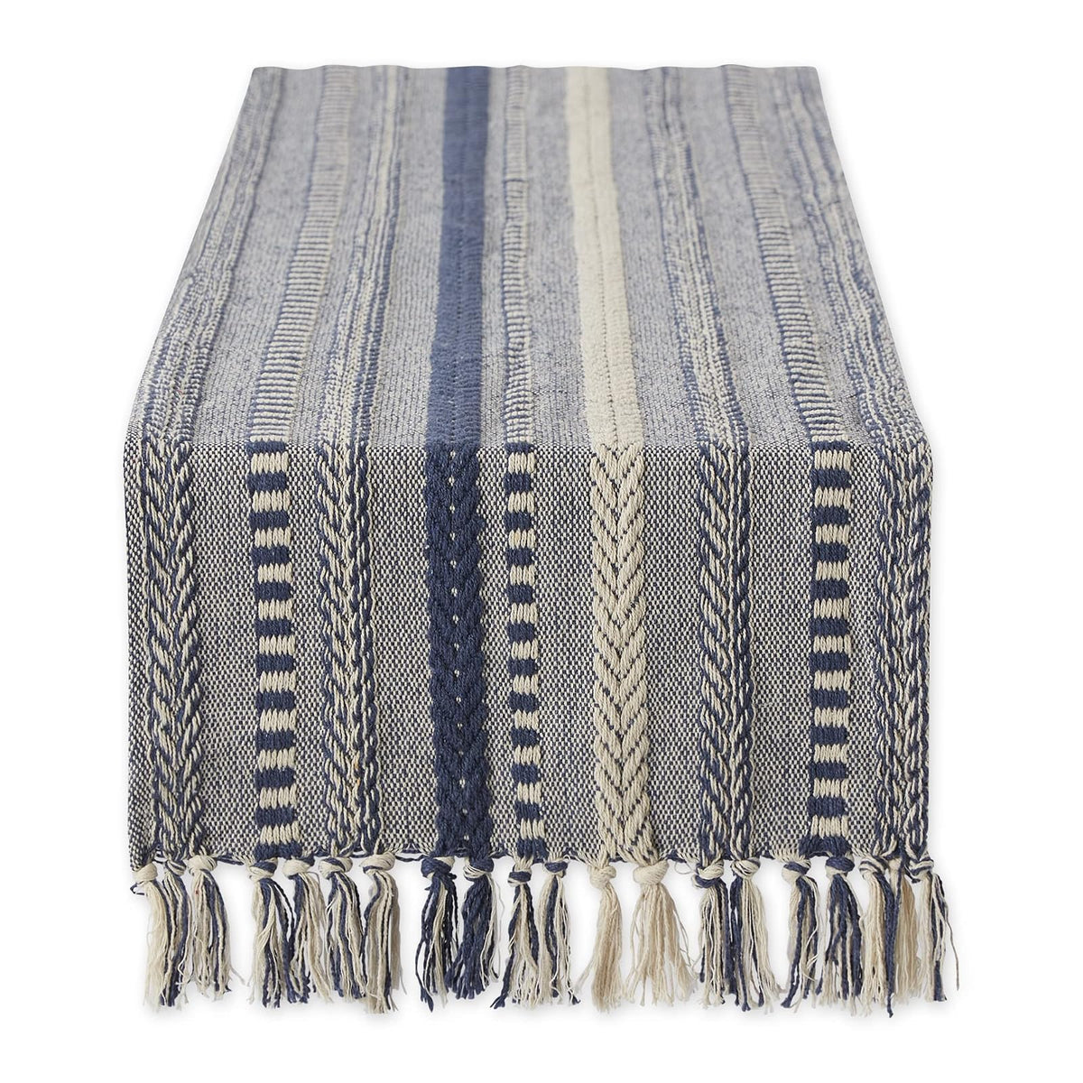 DII Farmhouse Camino de Mesa Trenzado a Rayas - 15x72" (15x77", Fringe Included) - Azul Francés