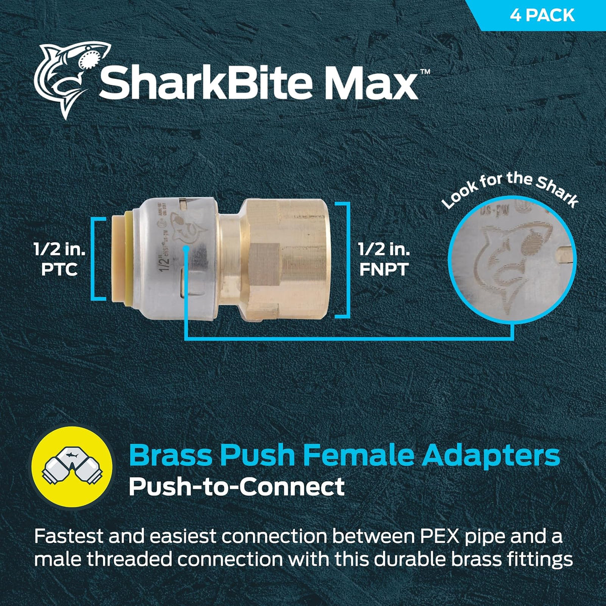SharkBite Max Adaptador FNPT de 1/2 x 1/2 pulgadas, paquete de 4, ajuste de fontanería de latón a presión para conectar, tubería PEX, cobre, CPVC, PE-RT, HDPE, UR072A4