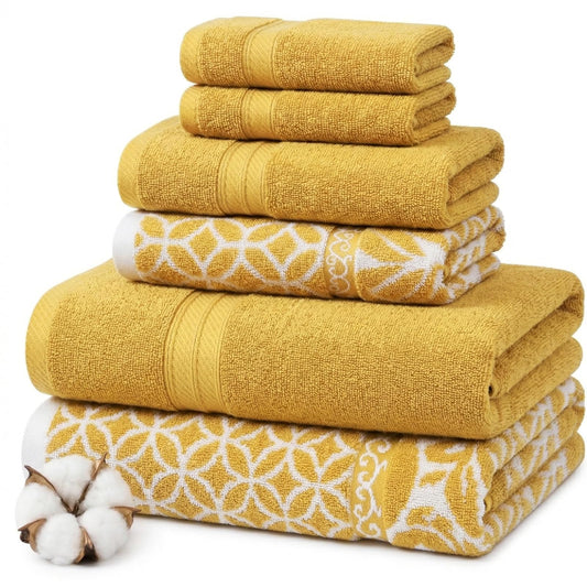 Amrapur Overseas - | Juego de toallas de jacquard teñidas con hilo reversible de 6 piezas con filigrana de trébol (dorado)