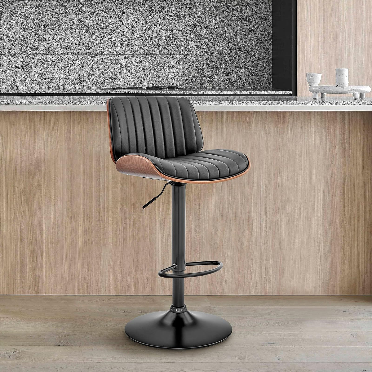 Armen Living Brock - Taburete de Bar Ajustable de Piel sintética y Madera de Nogal con Base Negra
