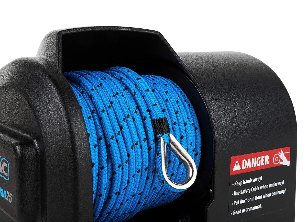 Camco TRAC-Outdoor Products Fisherman 25-G3 - Cabrestante de Anclaje eléctrico - Anclajes de hasta 25 Libras - Incluye 100 pies de Cuerda de Anclaje preenrollada con Uso (69002), Color Negro