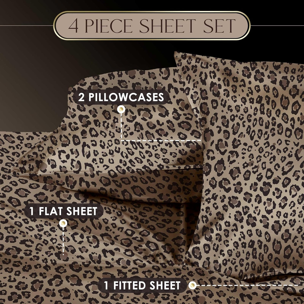 Martex Elegance - Juego de sábanas de satén de 4 Piezas, tamaño King, Calidad de Hotel de Lujo, Estampado de Leopardo, Sedoso Suave y Suave, café