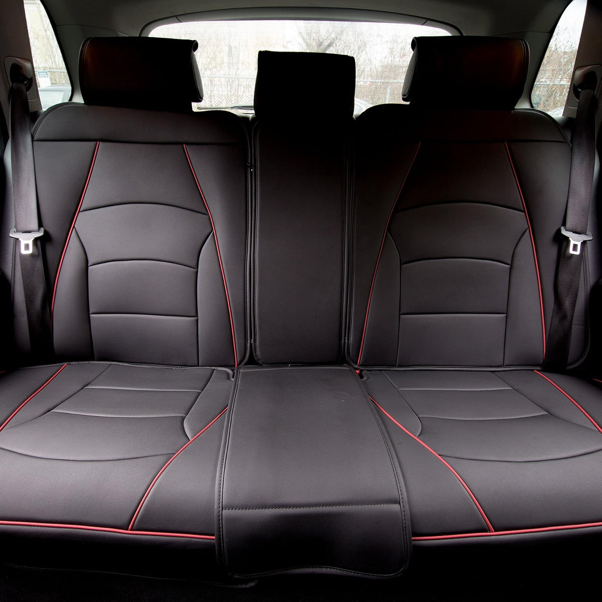 FH Group Ultra Cómodo Cojines de Cuero sintético para Asiento Delantero (Compatible con Bolsa de Aire), Black Red Trim-Bench