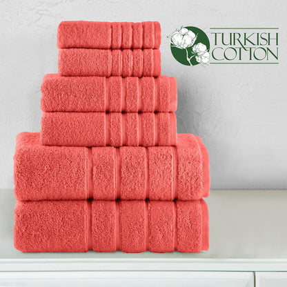Elegant Comfort - Juego de 6 Toallas de baño de 4 líneas de Viscosa a Rayas – 100% algodón Turco de Alta absorción – Incluye 2 Toallas, 2 Toallas de Mano y 2 Toallas de baño, Color Coral
