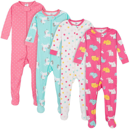 Gerber Paquete de 4 Pijamas con Pies Bebé Niña Estampado Dino y Animales Árticos - Unicornios Gatos Rosa - 2 Años